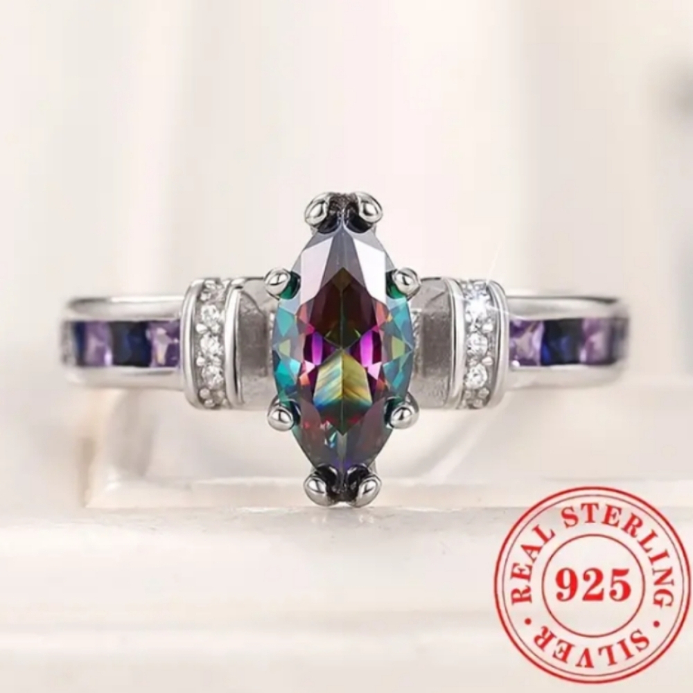 1ct LC Rainbow Mystic Topaz Marquis Solitaire 18K White Gold over Sterling - Picture 4 of 5